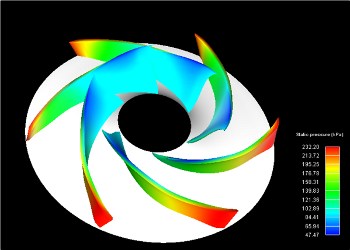  Surface static pressure on a 3D impeller designed with TURBOdesign1; the 3D inviscid solution allows hydrodynamic performance evaluation prior to any 3D CFD analysis.